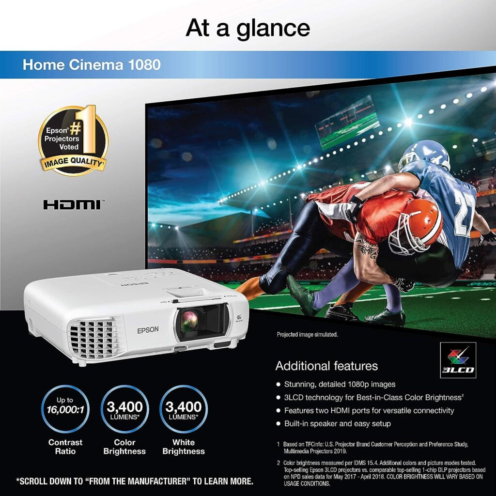 Epson Home Cinema 1080 3-chip 3LCD 1080p Projector, 3400 lumens Color  White Brightness, Streaming/Gaming/Home Theater, Built-in Speaker, Auto Picture Skew, 16,000:1 Contrast, Dual HDMI-White, Medium