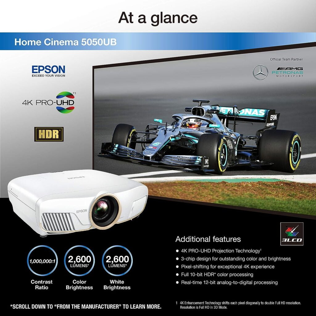 Epson Home Cinema 5050UB 4K PRO-UHD Projector with Advanced 3-Chip Design and HDR10 with 100% Balanced Color and White Brightness and Ultra Wide DCI-P3 Color Gamut (Renewed)