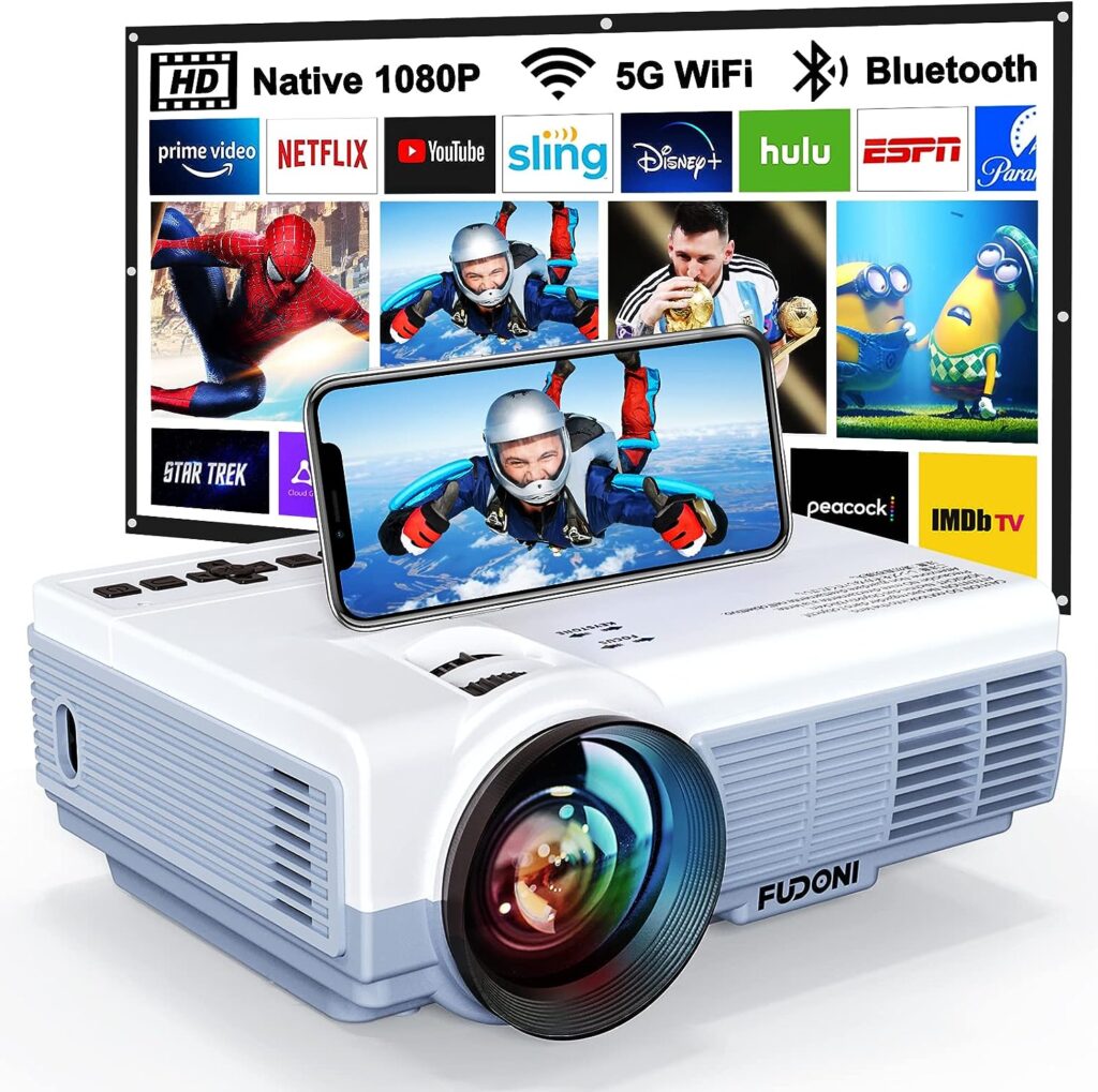 Projector with WiFi and Bluetooth, 5G WiFi Native 1080P 10000L 4K Supported, FUDONI Portable Outdoor Projector with Screen for Home Theater, Compatible with HDMI/USB/PC/TV Box/iOS and Android Phone