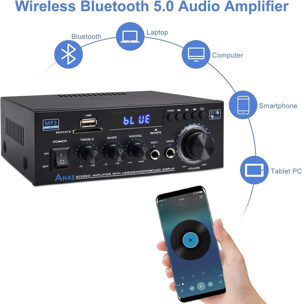 Stereo Audio Amplifier Receiver, 300Wx2 Home Dual Channel Bluetooth 5.0 Sound Speaker AMP, Home Amplifiers FM Radio, USB, SD Card, with Remote Control Home Theater Audio Stereo System Components